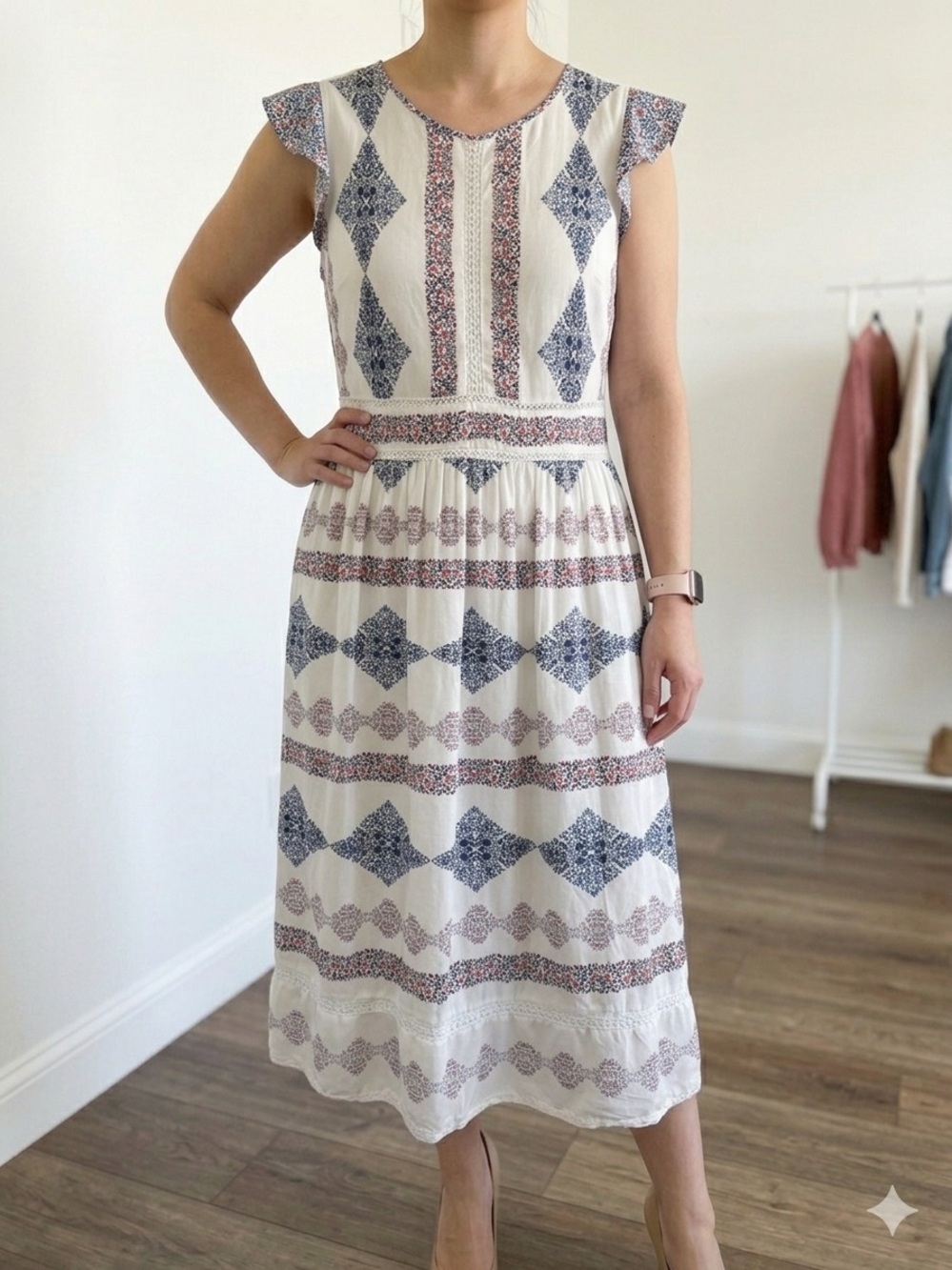 LOFT Cream Midi Dress with Blue & Pink Geometric Print
